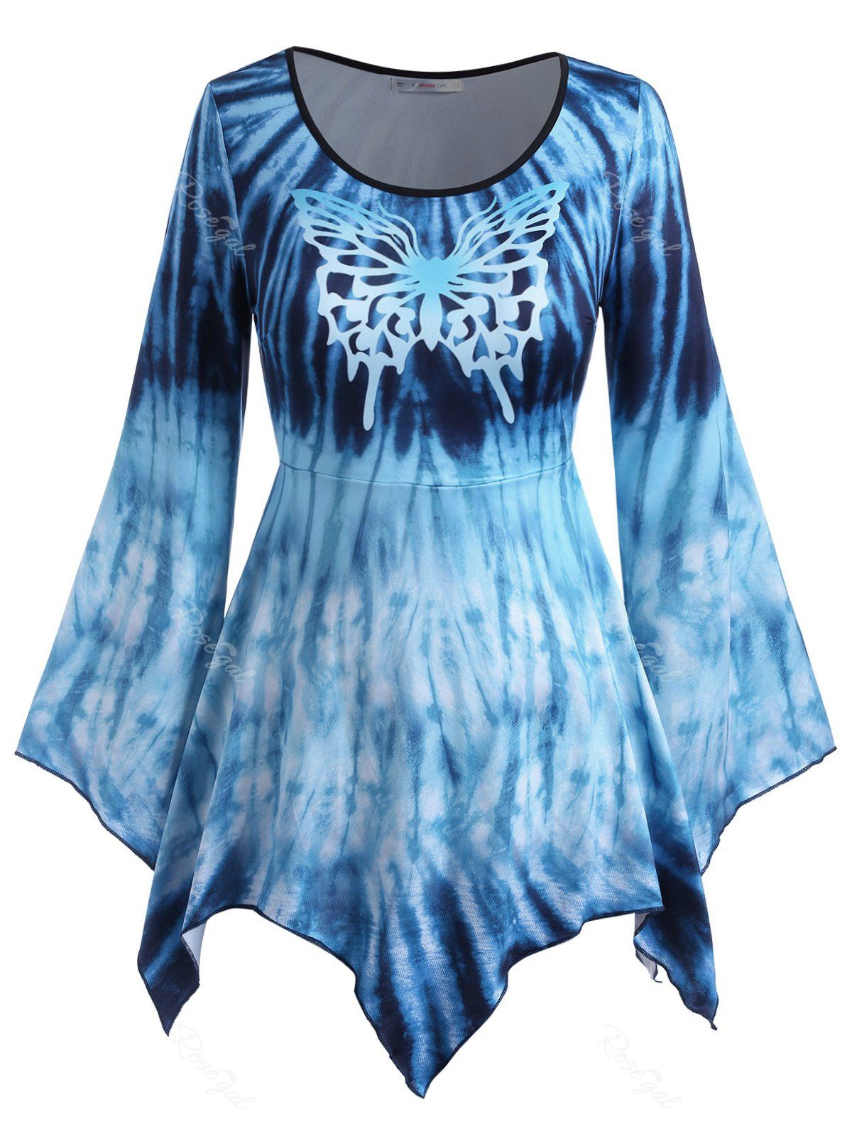 

Handkerchief Tie Dye Butterfly Plus Size Top, Blue