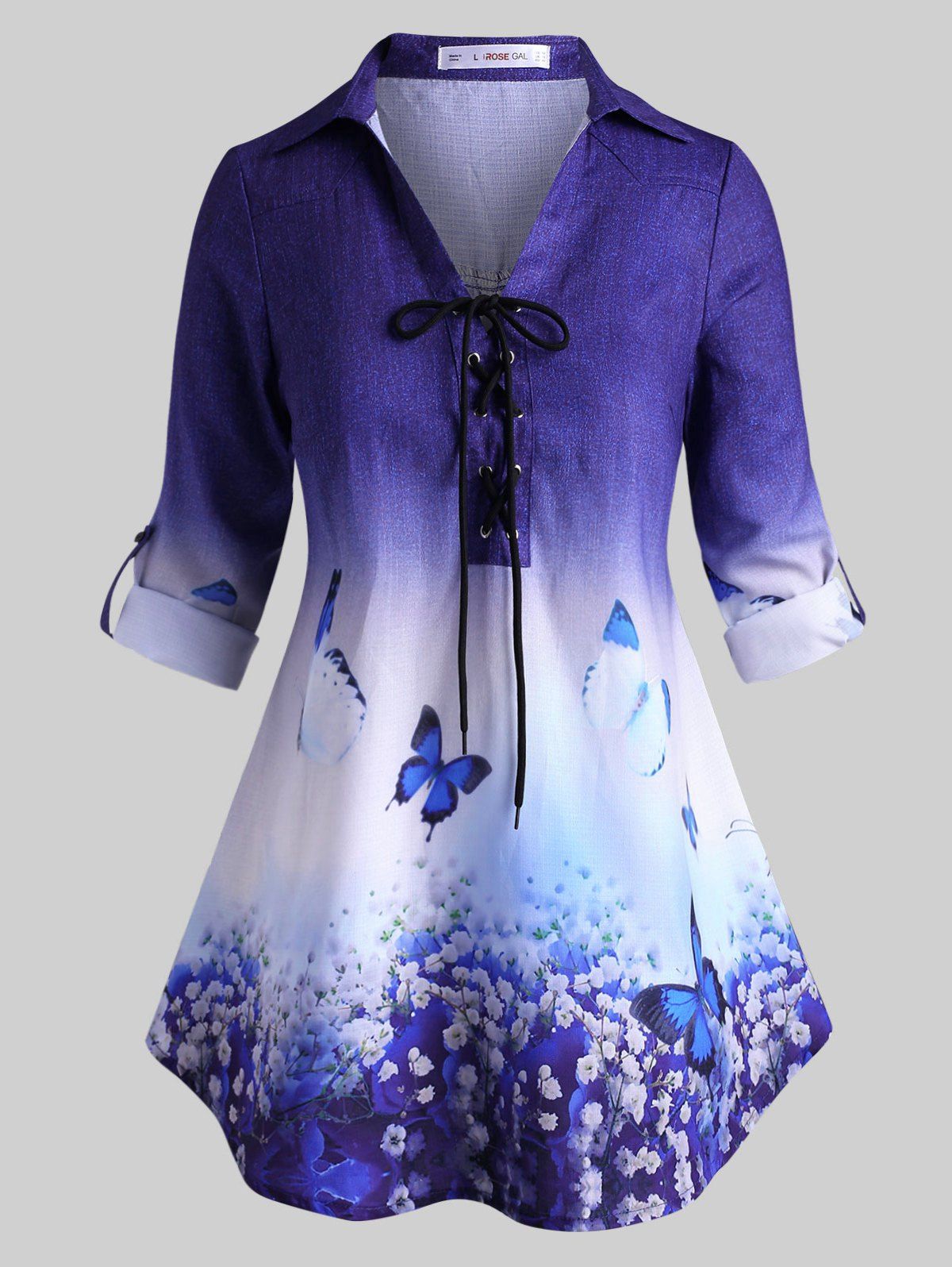 

Tab Sleeve Lace Up Floral Butterfly Plus Size Top, Blue