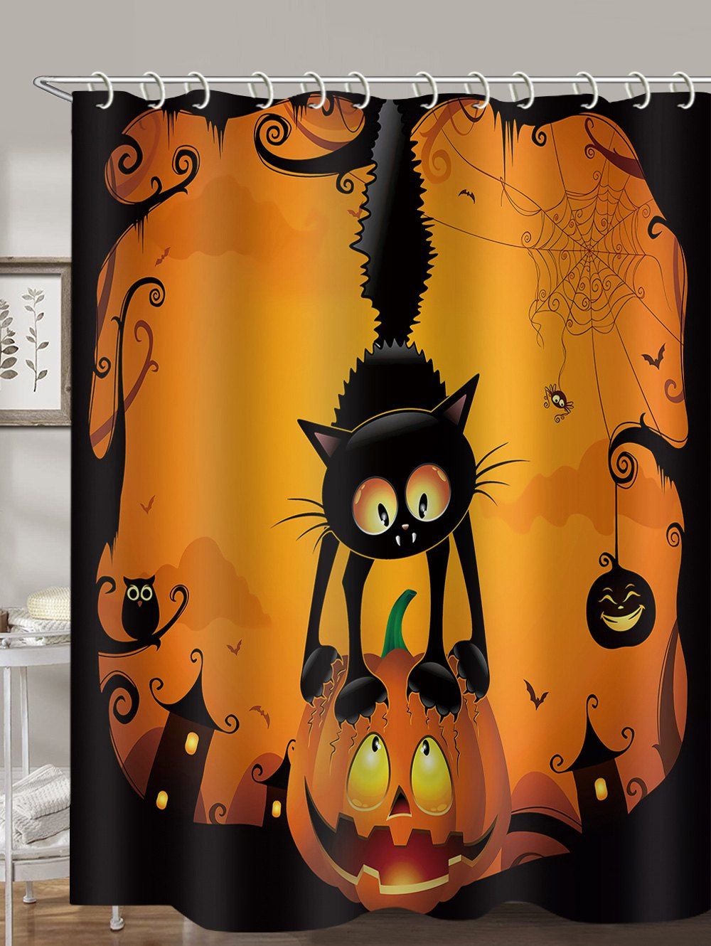 

Halloween Cat Pumpkin Pattern Waterproof Shower Curtain, Multi