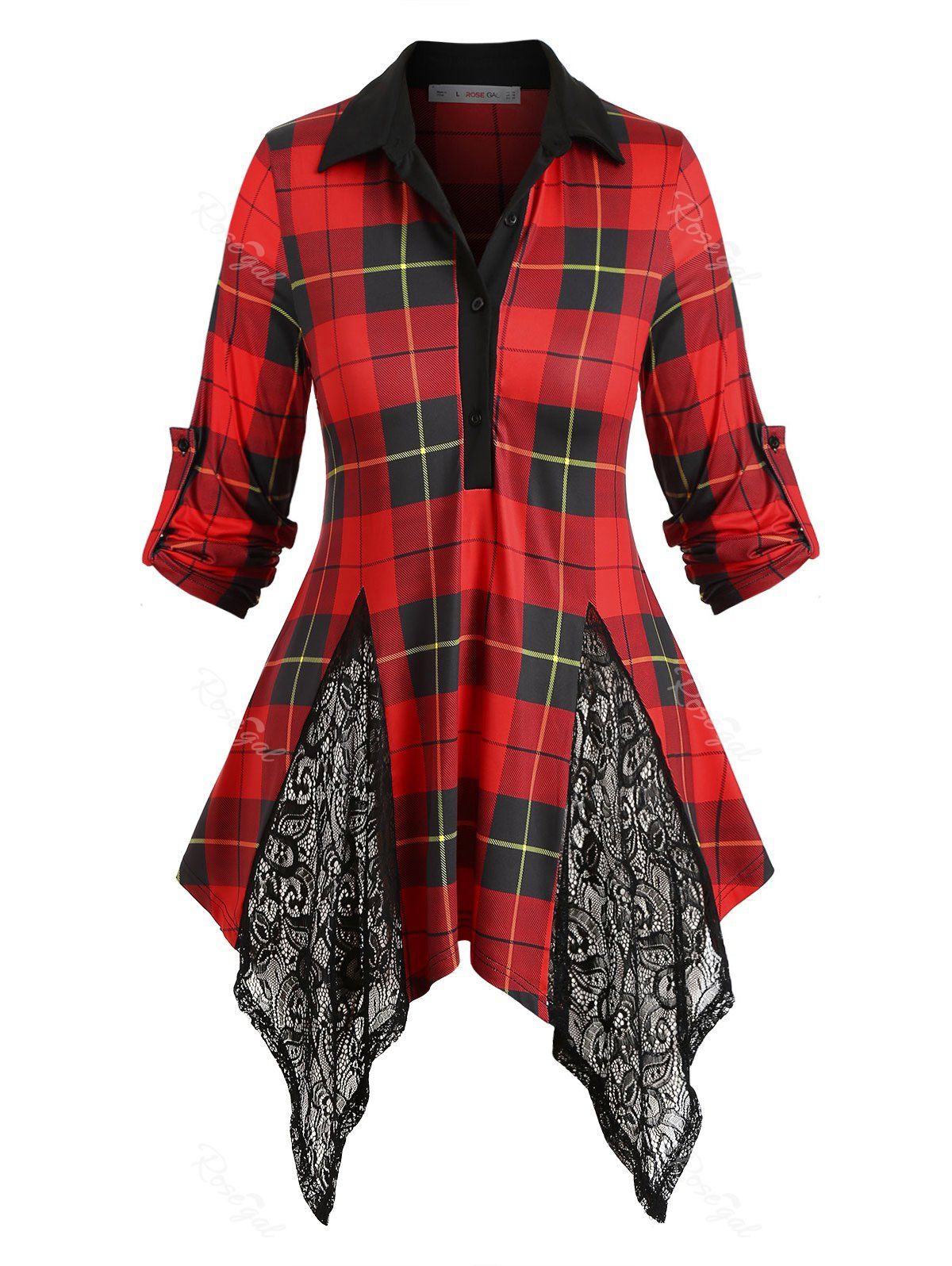 

Button Front Plaid Lace Panel Plus Size Top, Red