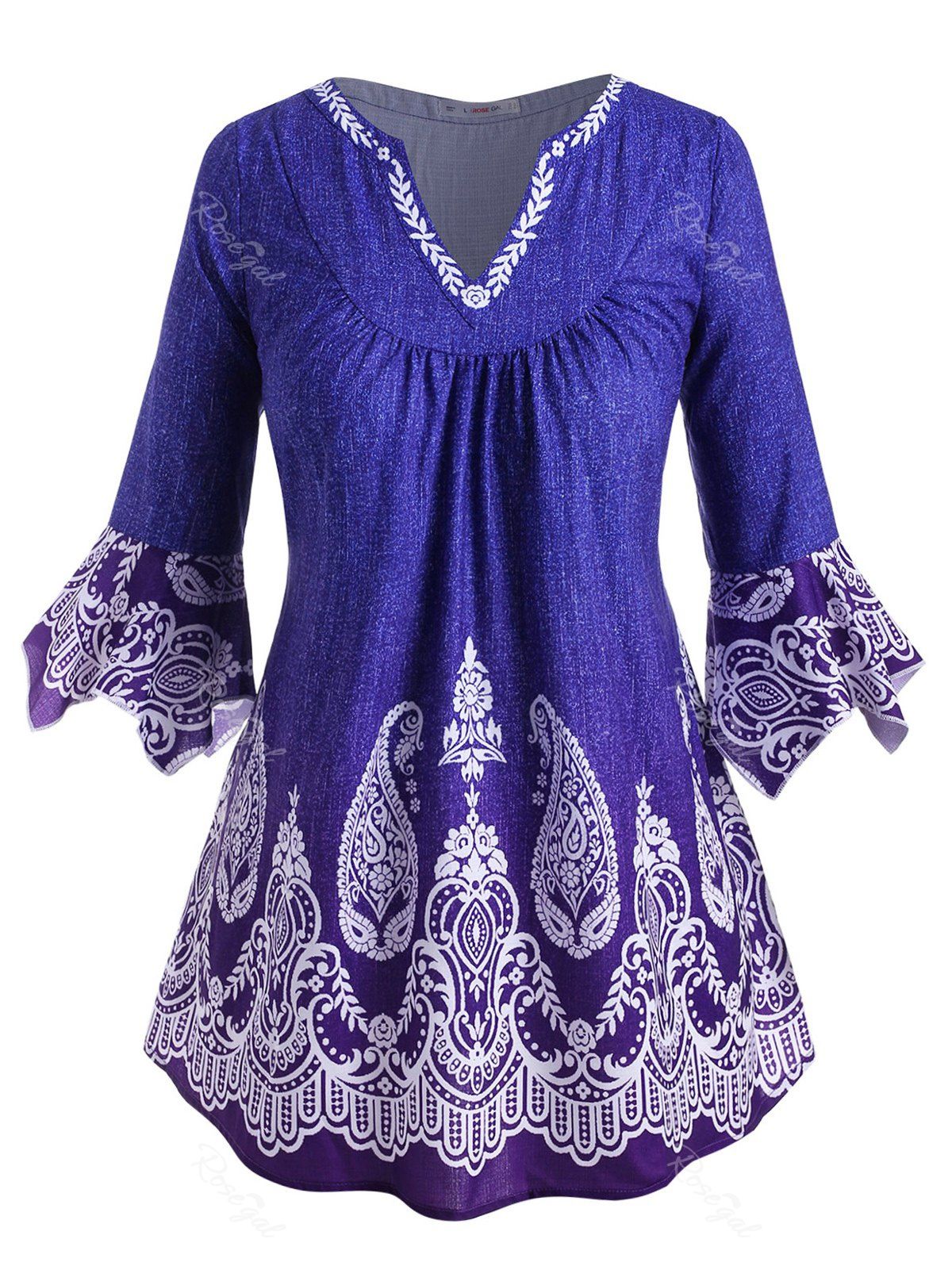 Blouse à Imprimé Cachemire Manches Évasées Grande Taille Cranté en V Bleu L