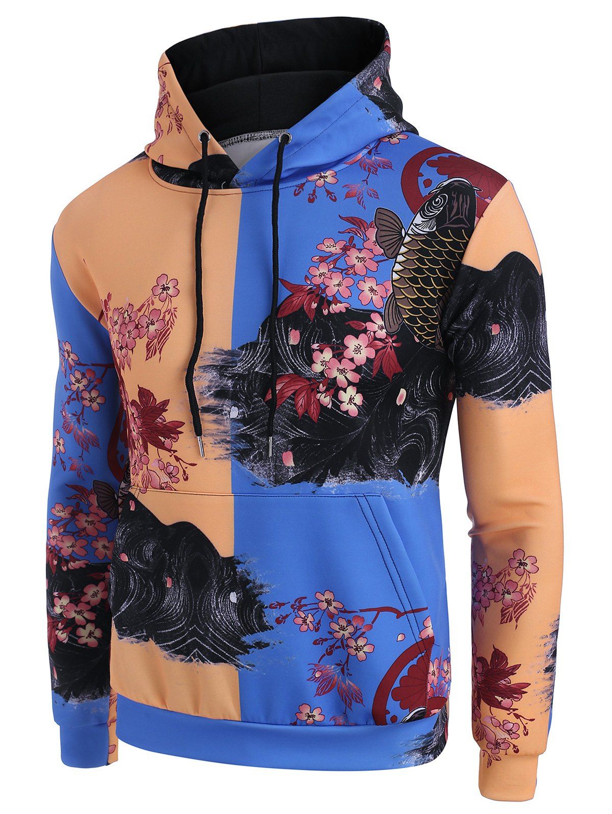 

Floral Koi Fish Print Contrast Hoodie, Cobalt blue
