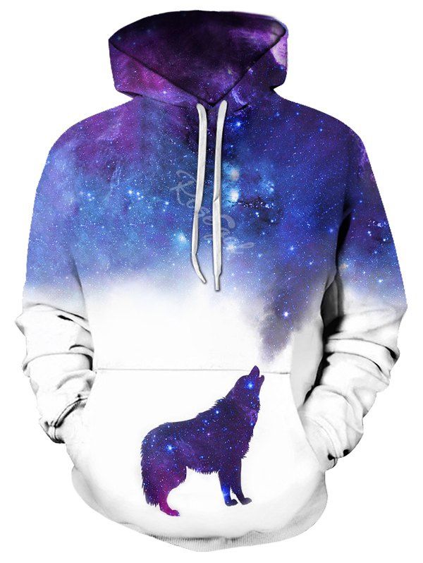 

Casual Wolf Starry Pattern Front Pocket Hoodie, Multi