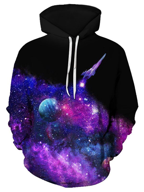 

Spaceship Starry Pattern Drawstring Front Pocket Hoodie, Multi