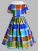 Colorful Plaid Bowknot Collar Plus Size Vintage Dress -  