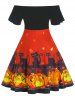 Plus Size Pumpkin Cat Print Velour Flutter Sleeve Dress -  