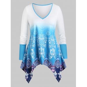 

Plus Size Handkerchief Ombre Color Tribal Print T Shirt, Light blue