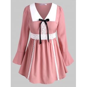 

Plus Size Poet Sleeve Bowknot Lace Trim Top, Light pink