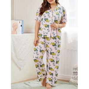 

Plus Size Plant Lion Print PJ Set, Light pink