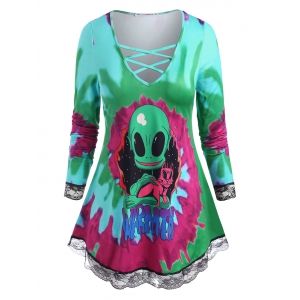 

Plus Size Halloween Alien Print Tie Dye Tee, Green