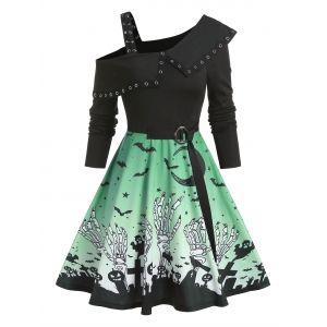 

Cold Shoulder Grommet Trim Halloween Print Mini Dress, Clover green