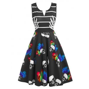 

V Notched Skull Butterfly Print High Waist Sleeveless Dress, Multi a