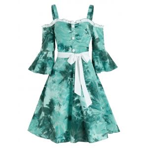 

Tie Dye Print Belted Cold Shoulder Dress, Light sea green