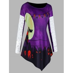

Halloween Pumpkin Bat Pattern Lace Panel Asymmetric T Shirt, Multi a