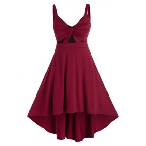 

Plus Size Twist Ruched High Low Curved Hem Dress, Red wine