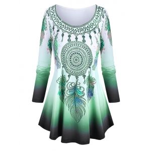 

Scoop Neck Dreamcatcher Feather Pattern Ombre T Shirt, Cool white