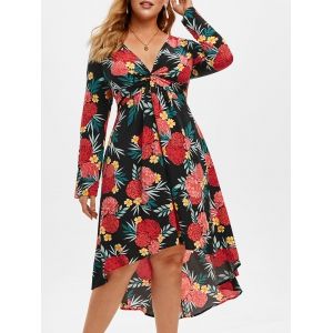 

Plus Size Floral Printed High Low Twist Dress, Black