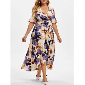 

Plus Size Ruffle Floral Print High Low Maxi Dress, Mauve