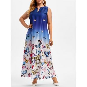 

Plus Size Butterfly Print Ombre Color Maxi Dress, Deep blue