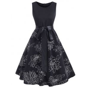 

Floral Print Belted Sleeveless Knee Length Dress, Black