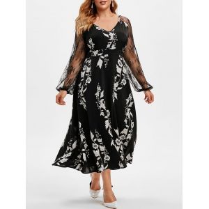 

Plus Size Lace Sleeve Floral Print Dress, Black