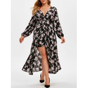 

Plus Size Plunge High Slit Floral Midi Dress, Black