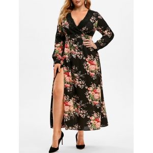 

Plus Size Floral Print Lace Crochet High Slit Dress, Black