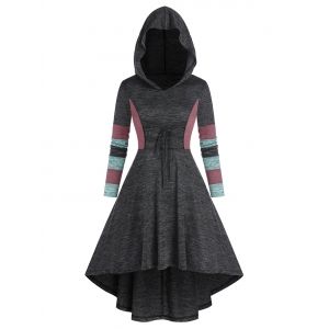 

Colorblock Lace Up High Low Hooded Dress, Dark slate grey