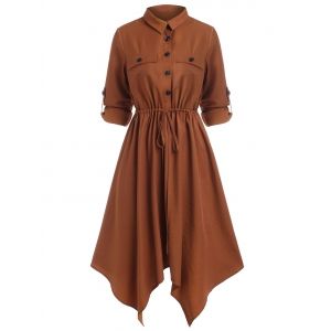 

Roll Tab Sleeve Flap Pockets Asymmetric Shirt Dress, Coffee