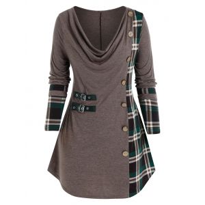 

Plus Size Plaid Cowl Neck Buttoned Buckle Tunic Tee, Coffee