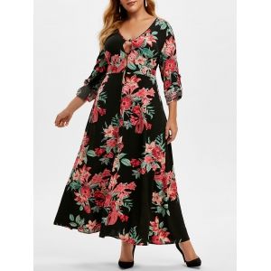 

Plus Size Floral Print Roll Up Sleeve Maxi Dress, Black