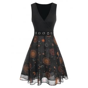 

Sun And Moon Star Printed Grommet Dress, Black