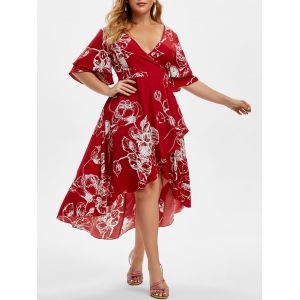 

Plus Size Bell Sleeve Floral Print High Low Midi Dress, Red