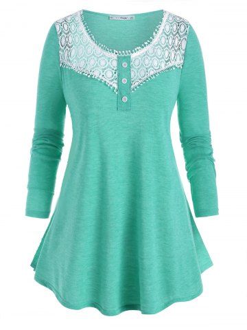 Plus Size Lace Crochet Tunic Tee - GREEN - L