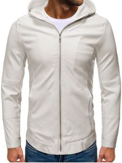 Hooded Zip Up Faux Leather Jacket - WHITE - M