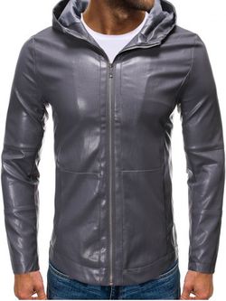 Hooded Zip Up Faux Leather Jacket - CARBON GRAY - M