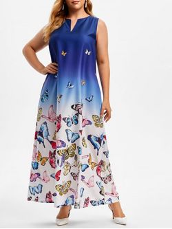 Plus Size Butterfly Print Ombre Color Maxi Dress - DEEP BLUE - L