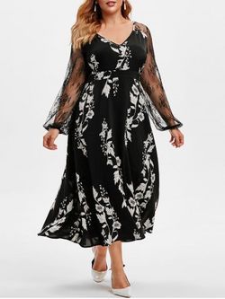 Plus Size Lace Sleeve Floral Print Dress - BLACK - L