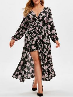 Plus Size Plunge High Slit Floral Midi Dress - BLACK - L
