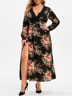 Plus Size Floral Print Lace Crochet High Slit Dress - BLACK - L