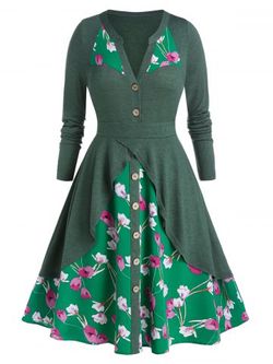Plus Size Floral Print Overlap Knee Length Cottagecore Dress - SEA TURTLE GREEN - 4X