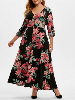 Plus Size Floral Print Roll Up Sleeve Maxi Dress - BLACK - L