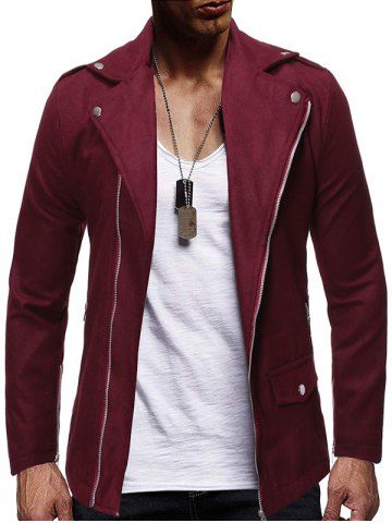 Zip Up Zipper Detail Wool Blend Jacket - RED WINE - 1XL