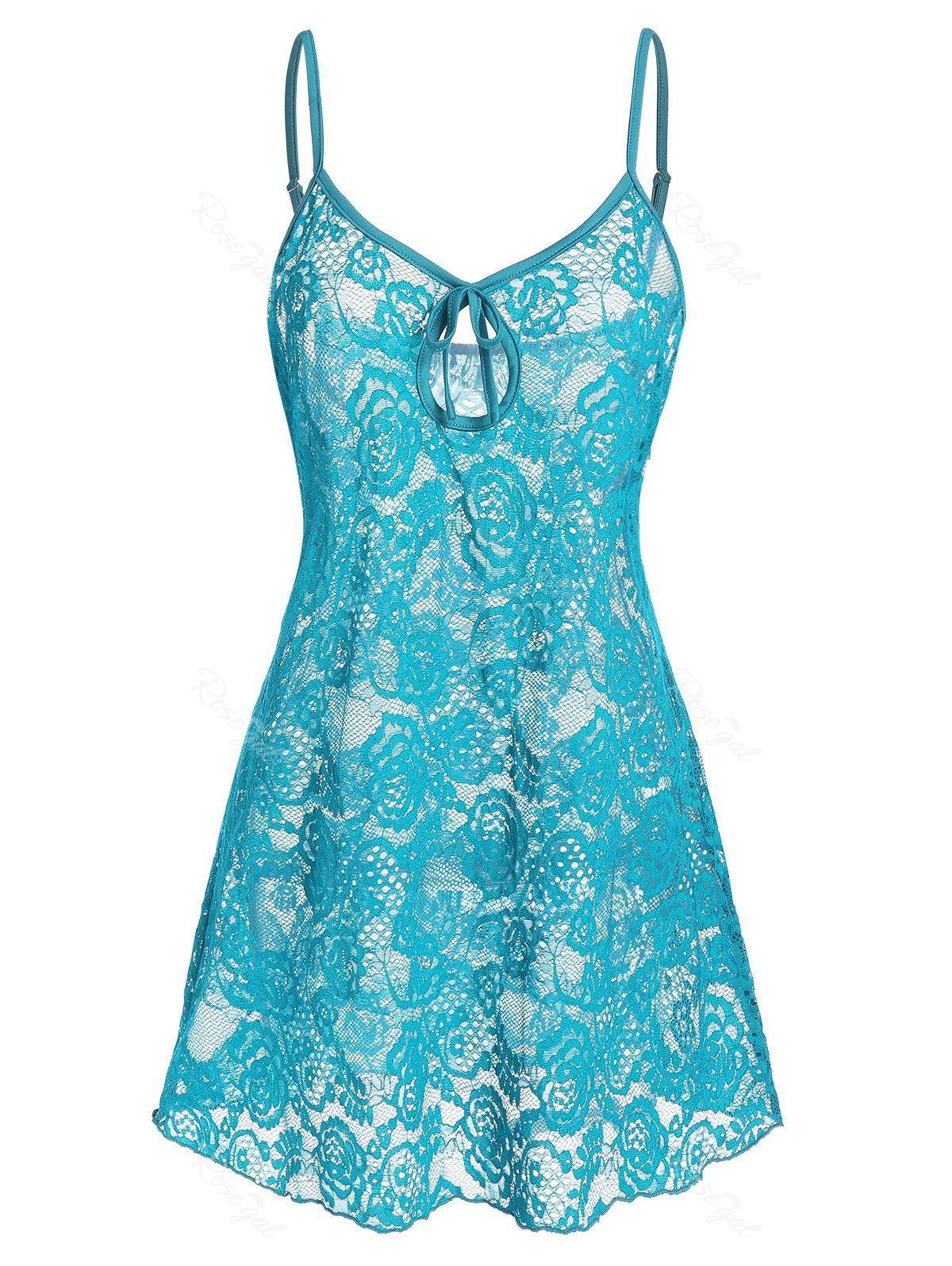 

Plus Size Keyhole Sheer Lace Babydoll Set, Blue zircon