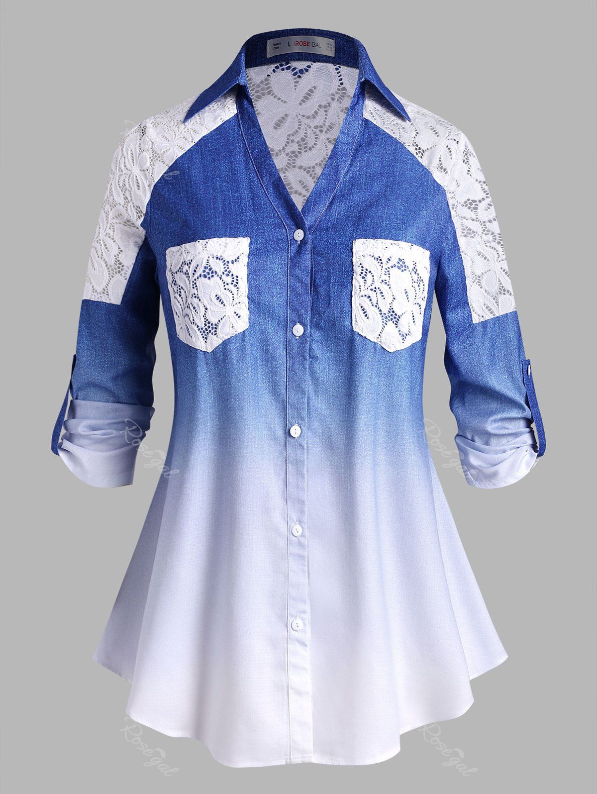 

Plus Size Lace Panel Buttoned Sleeve Tabs Ombre Shirt, Blue