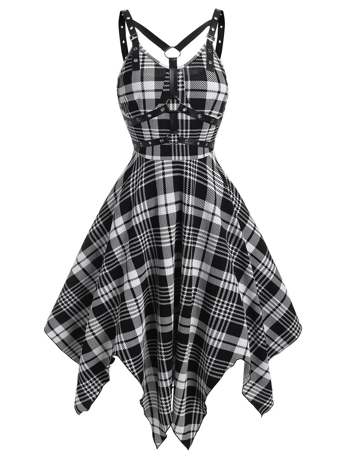 

Plaid Printed Grommet Strap Irregular Dress, Black