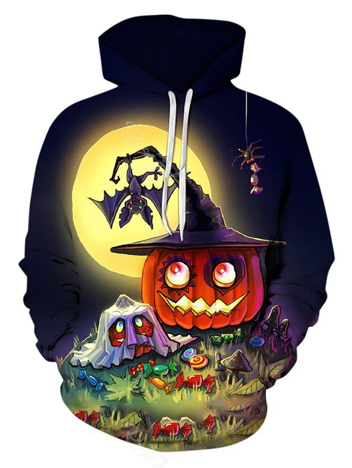Cheap Halloween Cartoon Pumpkin Pattern Drawstring Pullover Hoodie  