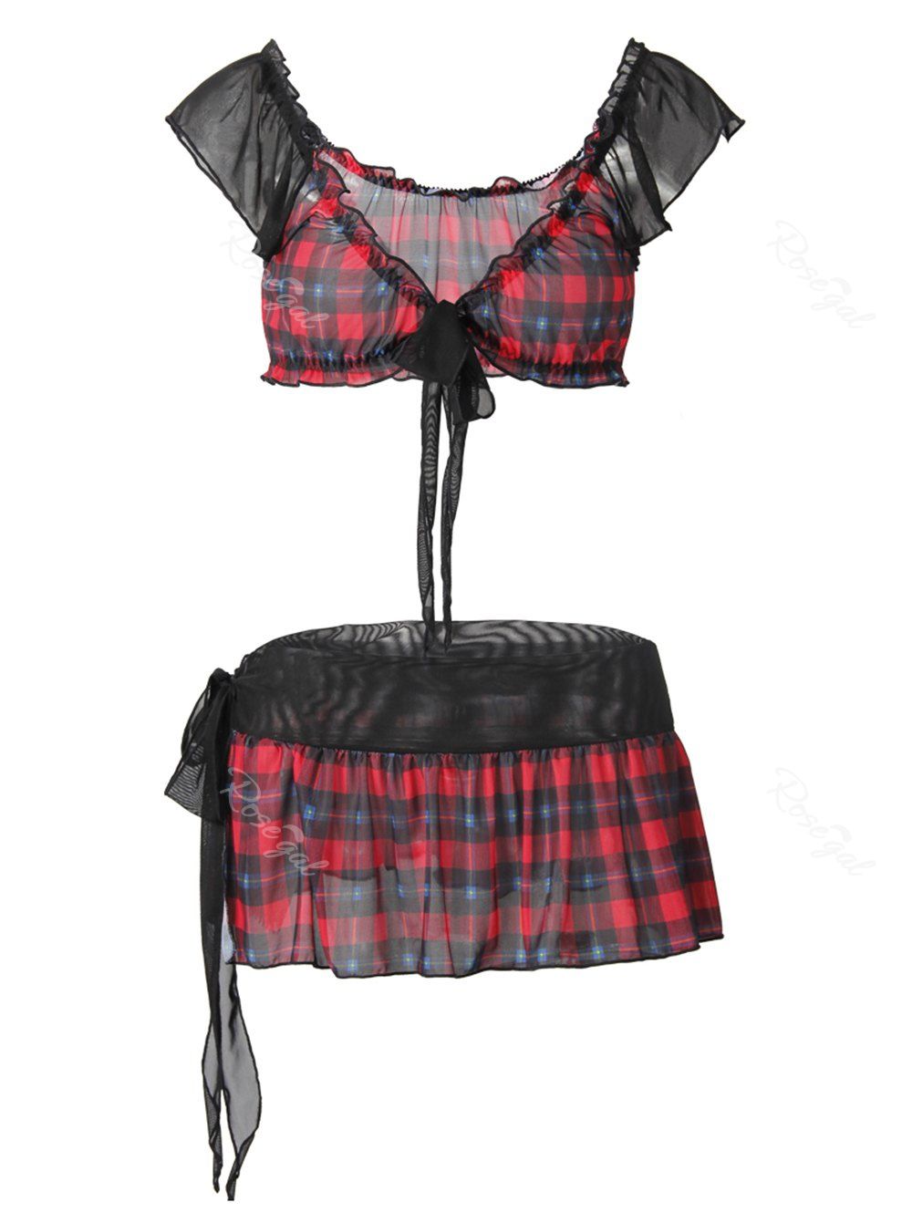 

Plus Size Plaid Tie Mesh Schoolgirl Lingerie Costume, Black