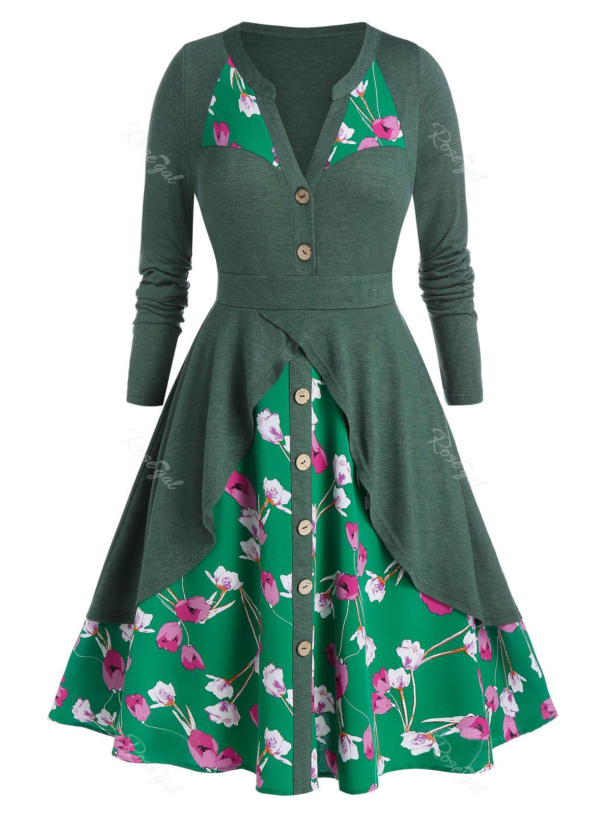 Trendy Plus Size Floral Print Overlap Knee Length Cottagecore Dress  
