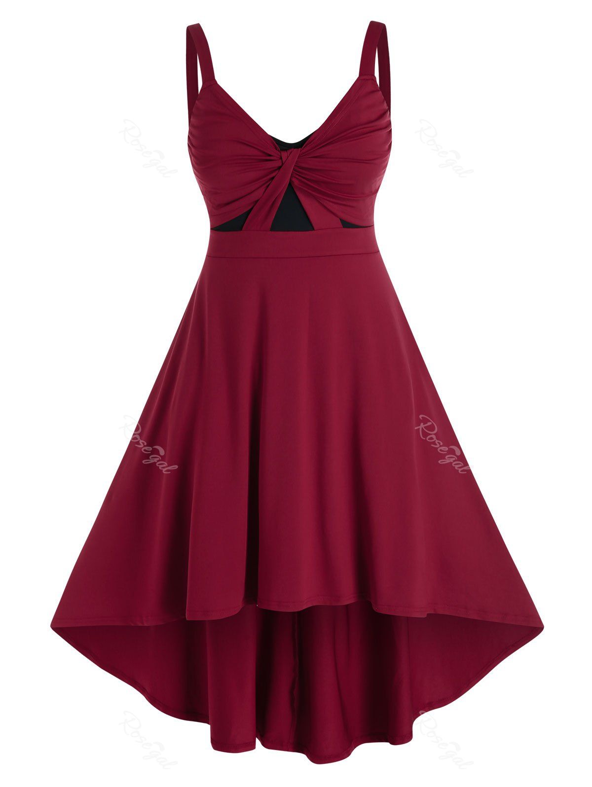 

Plus Size Twist Ruched High Low Curved Hem Dress, Red wine